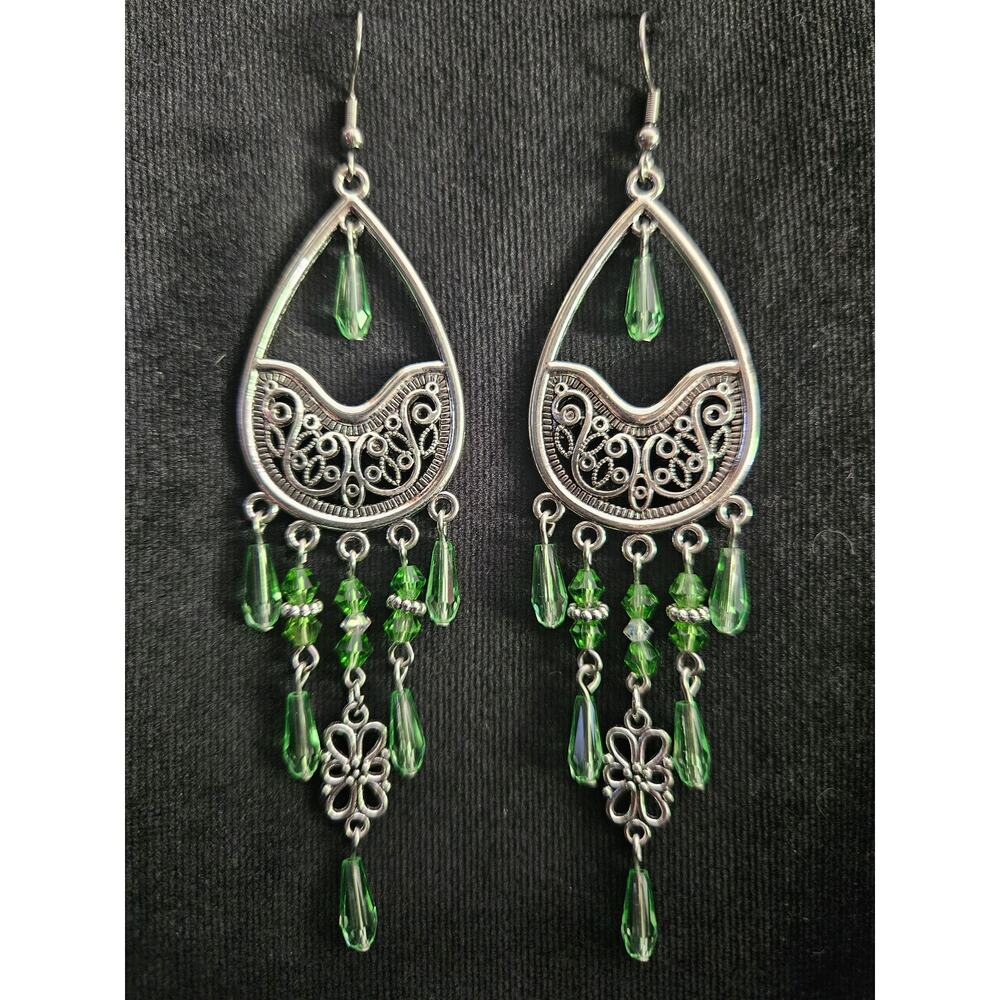 Antique silver teardrop and light green glass beaded chandelier earrings